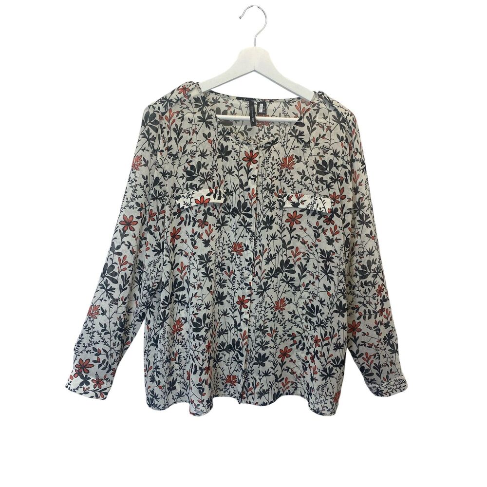 MNG Floral Blouse Women's Size 10 Cream Black  Sheer Office Career